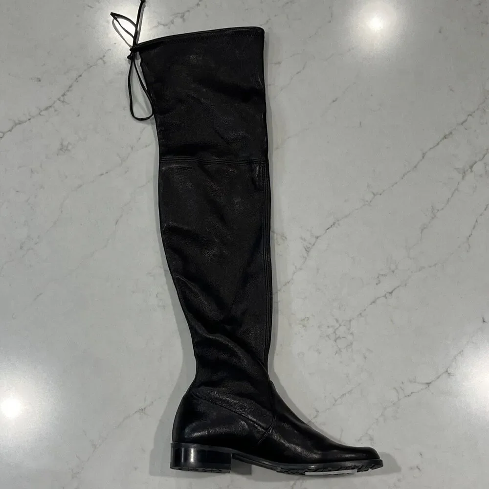 Stuart Weitzman Over Knee‎ Boots Black Leather Womens Sz 4 Low Stacked Heel
